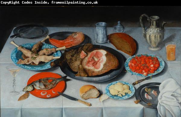 unknow artist Breakfast piece with a fish, ham and cherries